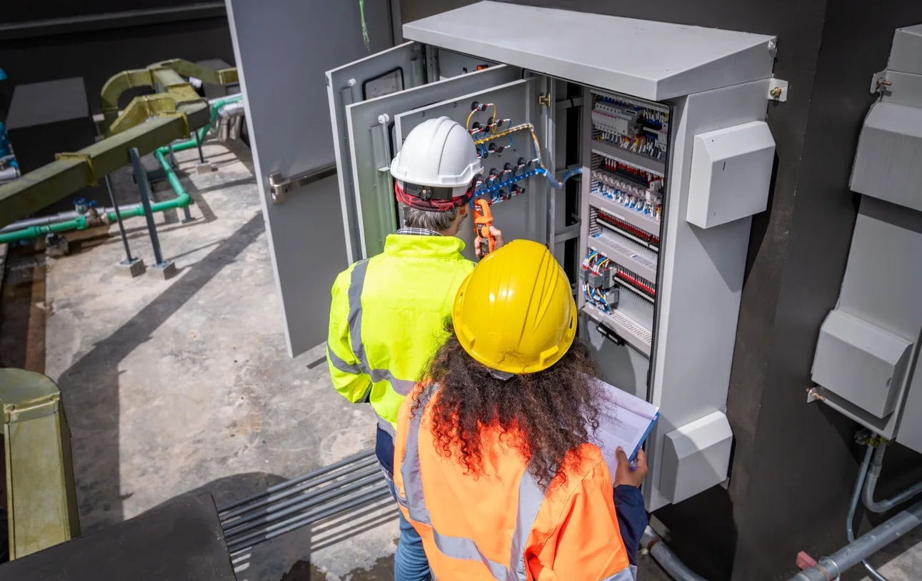 Technicians working on UL Listed Enclosures outdoors - UL Listed Panels for Backup Generator Systems - E-Abel - E-Abel Techniciens travaillant sur des boîtiers homologués UL à l'extérieur