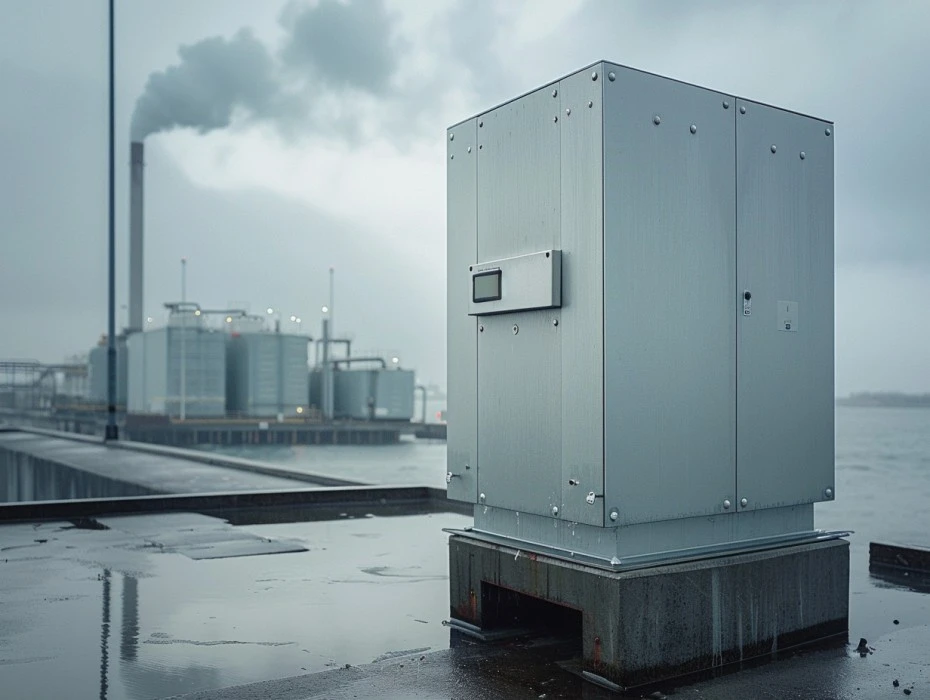 Coastal electrical enclosure in sea mist