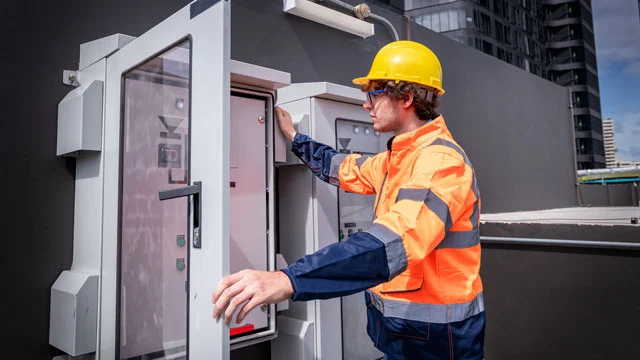 Un ouvrier inspecte un boîtier électrique sur un toit