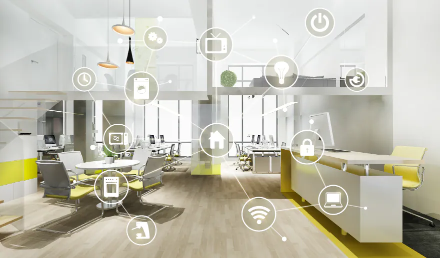 Bureau intelligent moderne avec icônes IoT connectées superposées numériquement