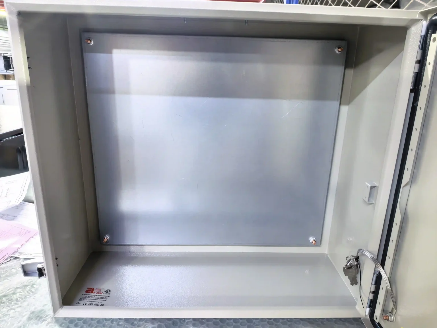 Industrial electrical enclosure interior mounting plate view - Singapore Fast Assembly Electrical Enclosures - E-Abel - E-Abel - Knowledge Hub - E-Abel - E-Abel vue intérieure de la plaque de montage d'un boîtier électrique industriel
