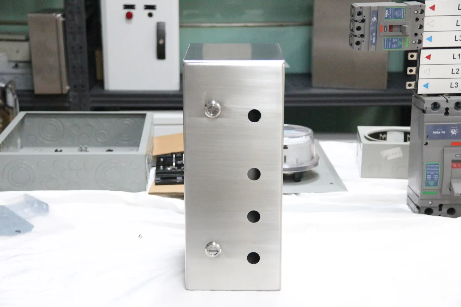 Stainless steel junction box with multiple cable entry holes - Stainless Steel Enclosures for Canada Climate - E-Abel - E-Abel - Knowledge Hub - E-Abel - E-Abel Boîte de jonction en acier inoxydable avec plusieurs entrées de câbles