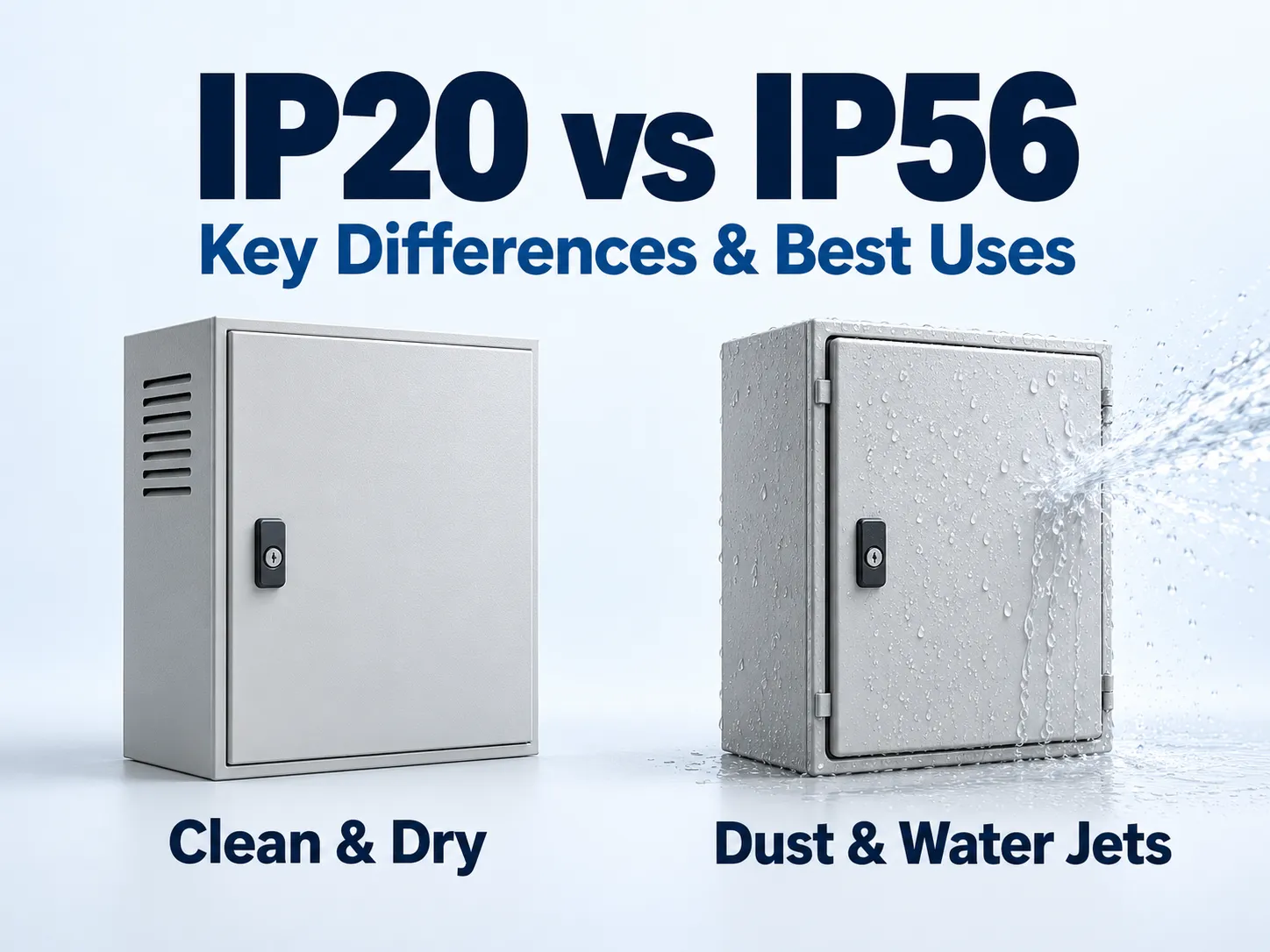 清潔で乾燥した場所向けのIP20と、粉じんや噴流水にさらされる場所向けのIP56の電気用エンクロージャー - IP20とIP56:主な違いと適した用途 - E-Abel - E-Abel 清潔で乾燥した場所向けのIP20と、粉じんや噴流水にさらされる場所向けのIP56の電気用エンクロージャー