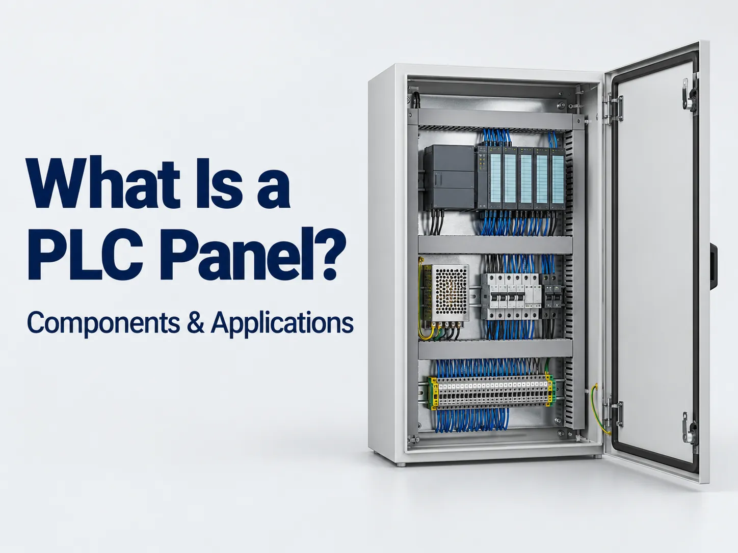 Open PLC control panel showing controller modules power supply and wiring terminals - What Is a PLC Panel? Components & Applications - E-Abel - E-Abel Open PLC control panel showing controller modules power supply and wiring terminals